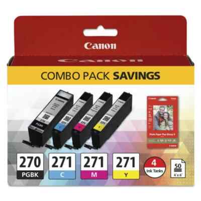 Genuine Canon 270/271 Combo Pack CMYK + 50 4''x6'' Paper Pixma