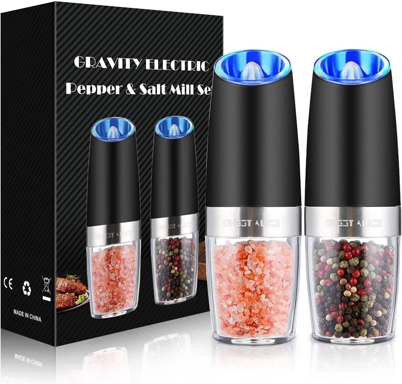 Sweet Alice Gravity Electric Pepper and Salt Grinder Set, Adjustable Coarseness,