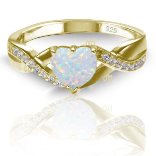 Yellow Gold Plated White Fire & Snow Lab-Created Opal Heart Silver Celtic Ring - Picture 1 of 5