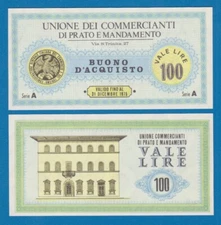 Italy 100 Lire Private Issue 1975 Unione Dei Commercianti DiPrato Mandamento UNC