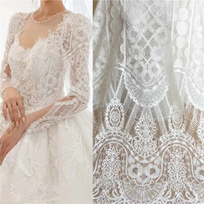 New Style Pressure Yarn Soft Lace Fabric Dress Off White Geometric Flower Decor