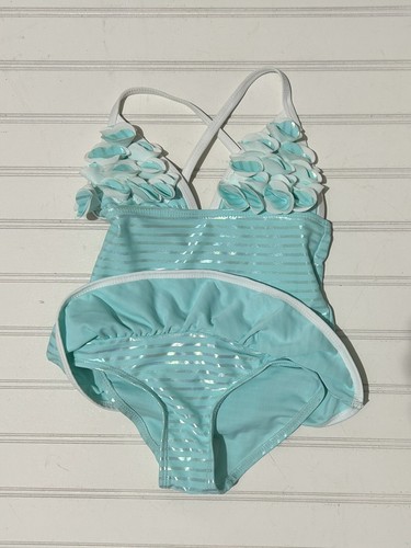 Floatimini Girls Swimsuit 4T Blue Striped Shimmer Shiny Ruffle Bikini Beach 70s - Picture 2 of 6