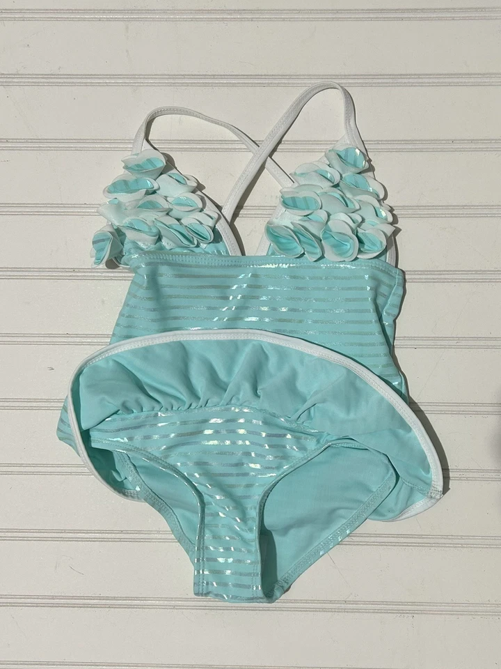 Maiô Floatimini feminino 4T listrado azul cintilante brilhante babado biquíni praia anos 70 - Imagem 2 de 4