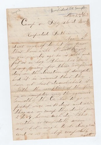CIVIL WAR LETTER - 112th NY Vols - Heavy Firing Demolishes Fort Sumter SC !