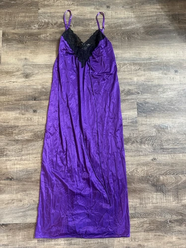 UNDERCOVER Camicia da notte vintage M viola nera nylon nero pizzo sottocoperta USA anni 70 80