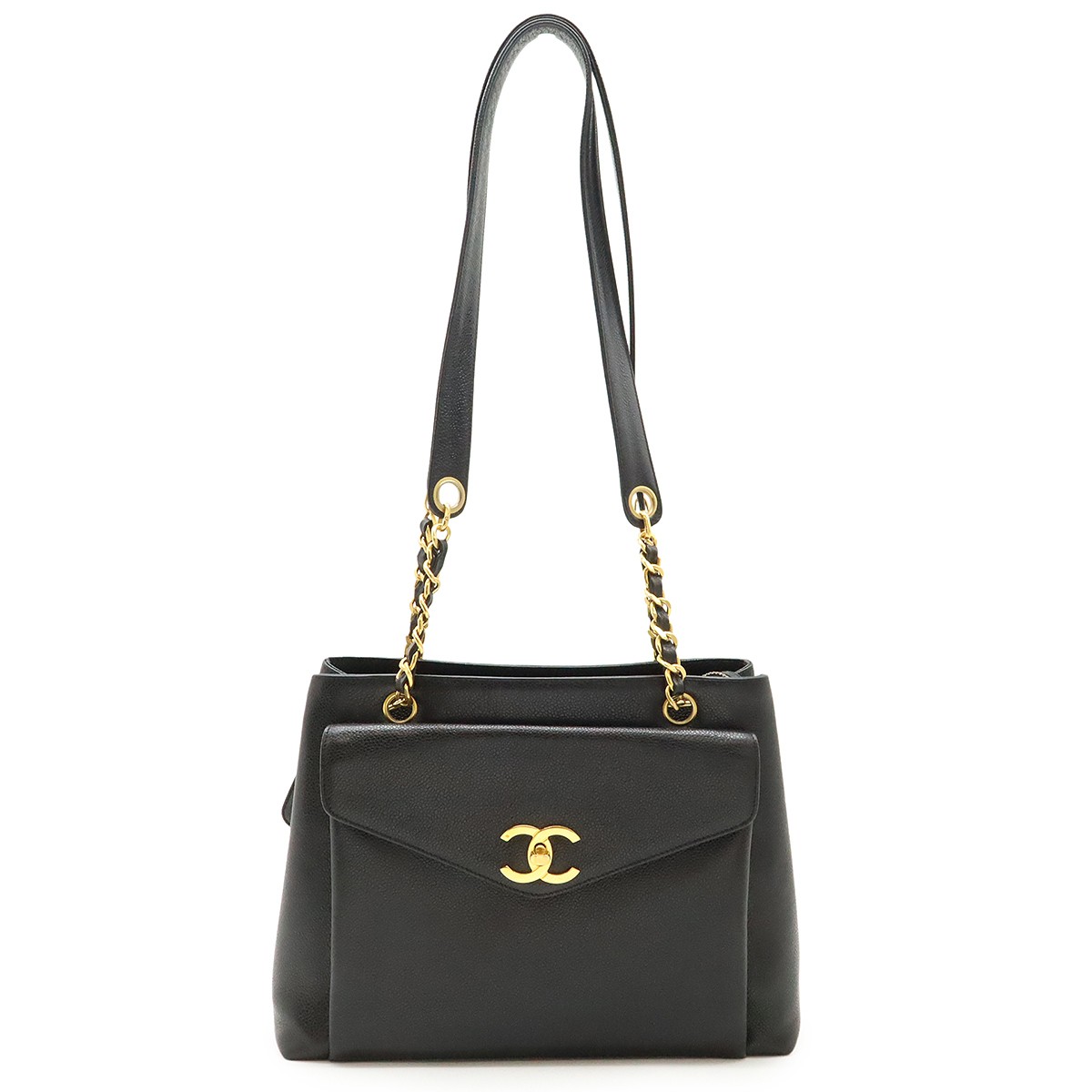 CHANEL Coco Mark Tote Bag with Chain Strap in Black Caviar Leather