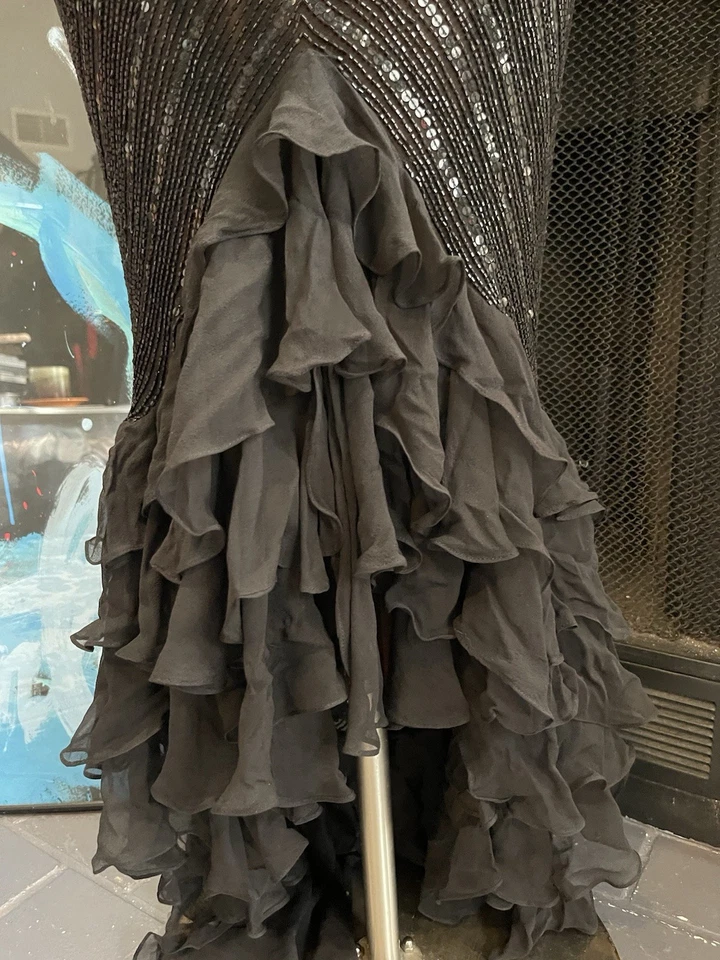 Impresionante Vestido Vintage SCALA Completo Seda Con Cuentas Volantes Parte Inferior Talla Mediana Foto 3 de 4