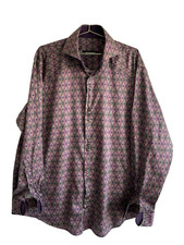 Bogosse Long Sleeve French Cuff Floral Geometric Purple Button Green Shirt 1XL