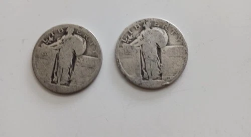 pair of circa 1920 Lady Liberty US Silver quarters, exact dates unknown