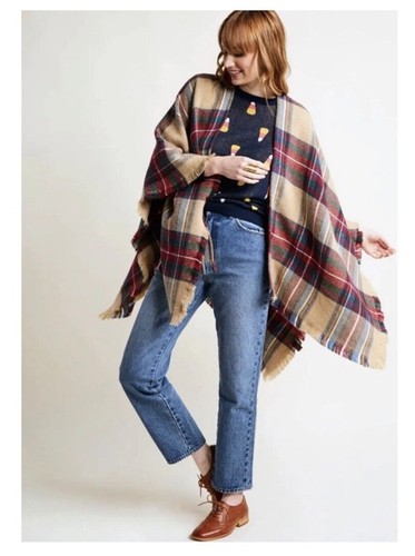 Modcloth Thanks for Cabin Me Plaid Shawl Fuzzy Blanket Scarf Fringe Fall/Winter