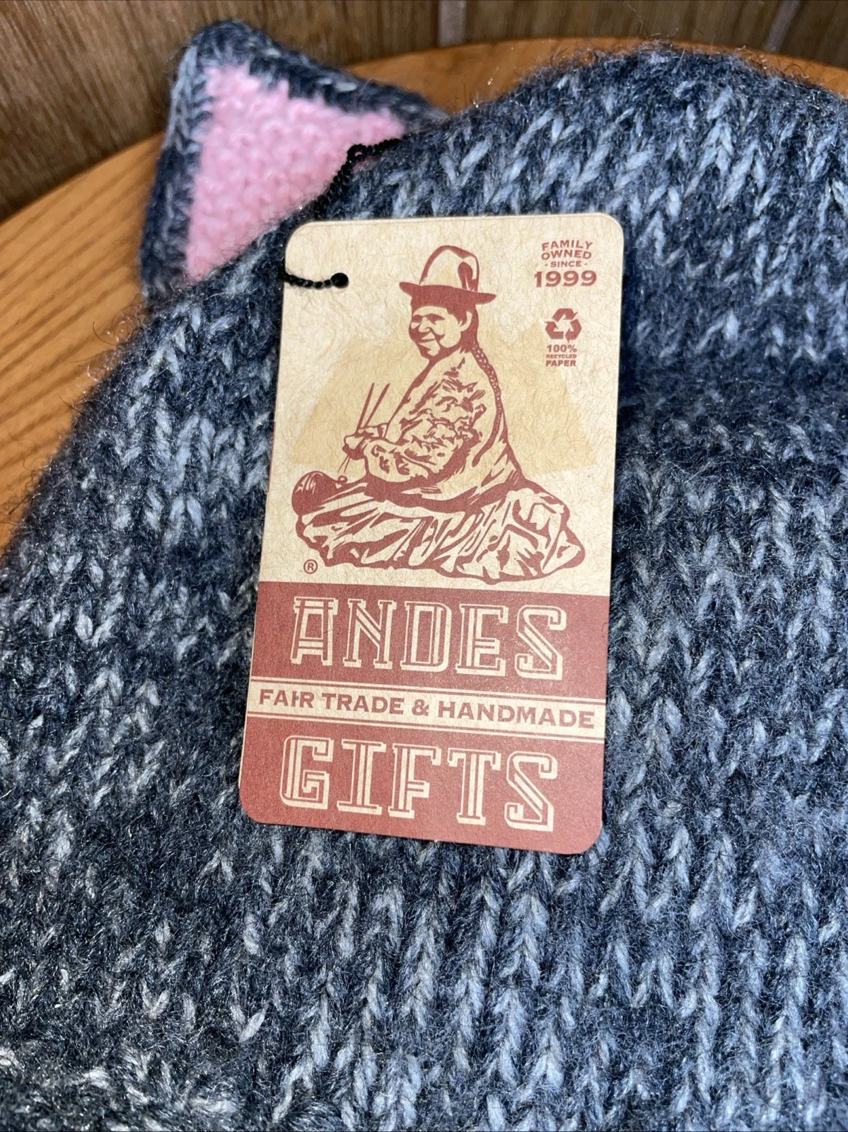 Andes Fair Trade Handmade NWT Blue and Pink Knit Stocking Hat with Ears