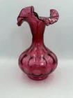Vintage Fenton Cranberry Coin Dot Crimped Top Glass Vase 8"