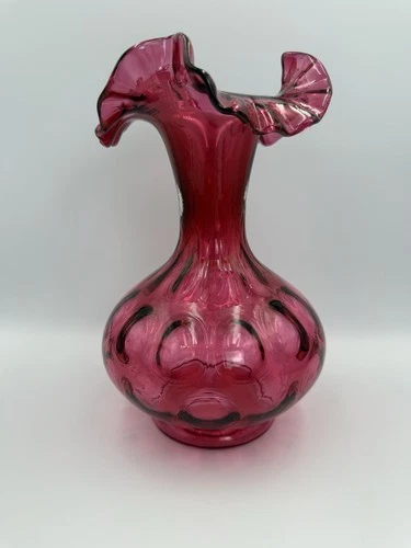 Vintage Fenton Cranberry Coin Dot Crimped Top Glass Vase 8"