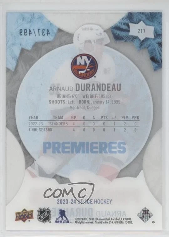 2023-24 Upper Deck Ice Premieres /499 Level 3 Arnaud Durandeau #217 Rookie RC - Image 2 of 2