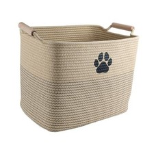 Tall Cotton Rope Dog Toy Basket,Dog Stuff Organizer,Dog Toy Bin with Wood Khaki