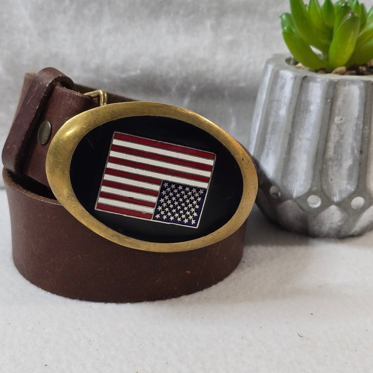 Fossil USA Flag Belt Buckle Genuine Leather Brown Full Grain 