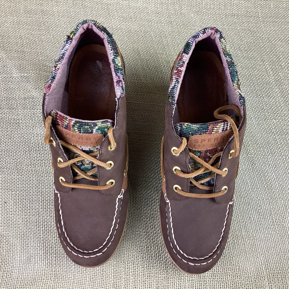 SPERRY Marrón Gamuza Cuero Con cordones Puntada Botín Tacón de Cuña Zapatos Floral Acct 9M Foto 3 de 4