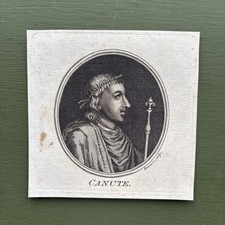 Antiguo Grabado Retrato Rey Canuto Inglaterra Dinamarca Noruega 1757 Benoist Sculp