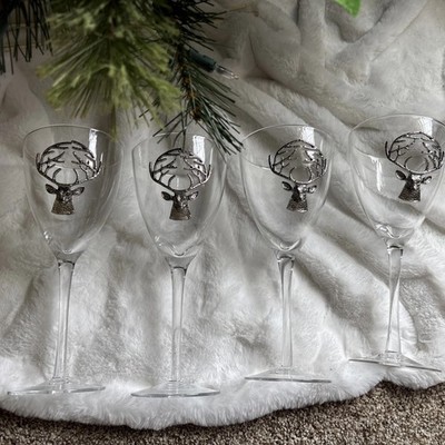 4 Pottery Barn Pewter Deer Buck Stag Medallion Stem Wine Glasses Barware Retired