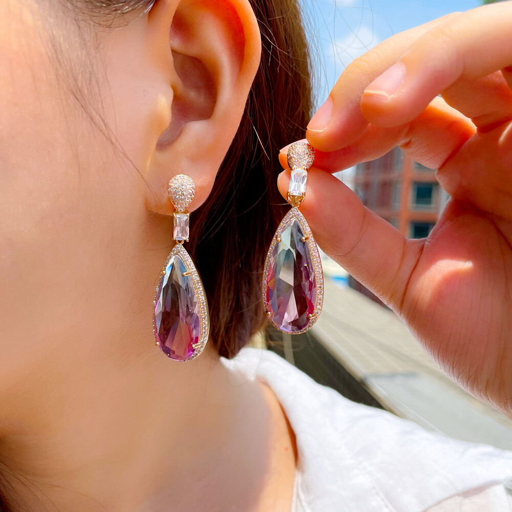 Exquisite Multicolor Rainbow CZ Crystal Long Big Drop