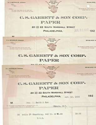 1924-25 3 Invoices C S Garrett & Son Corp Paper 20 Sth Marshall St Philadelphia