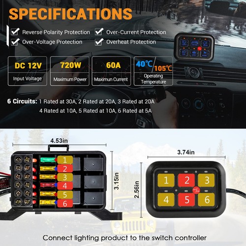 6 Gang Switch Panel Light Control Relay System w/ Cable Kit for Truck UTV SUV - Foto 9 di 12