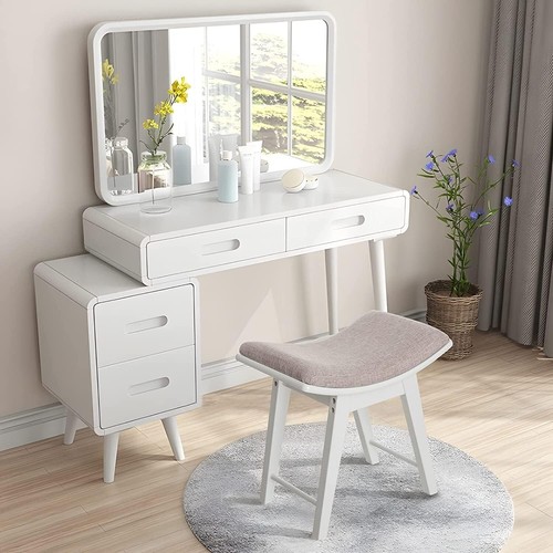 Vanity Stool Curved Linen Upholster Makeup Bench Piano Comfortable Soft Gray - Picture 8 of 22