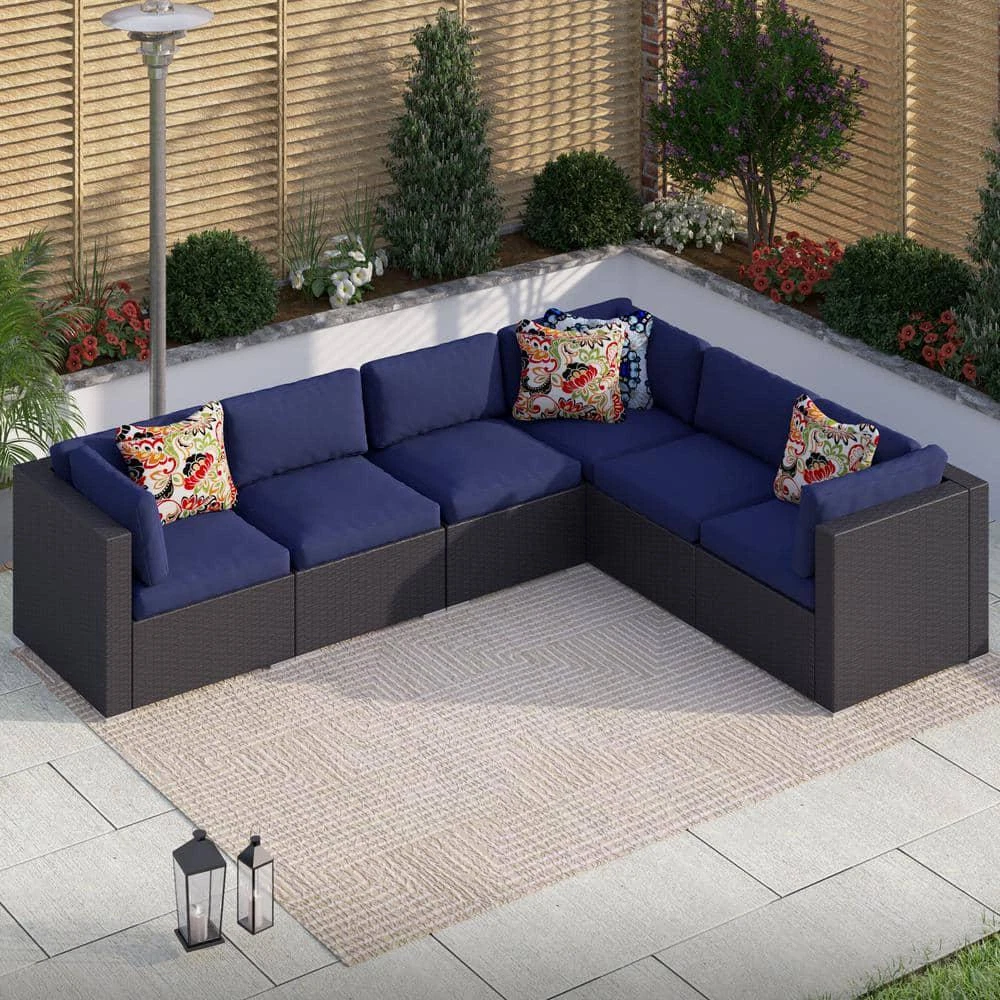 PHI VILLA 6 Piece Rattan Wicker Steel Outdoor Patio Sectional Set