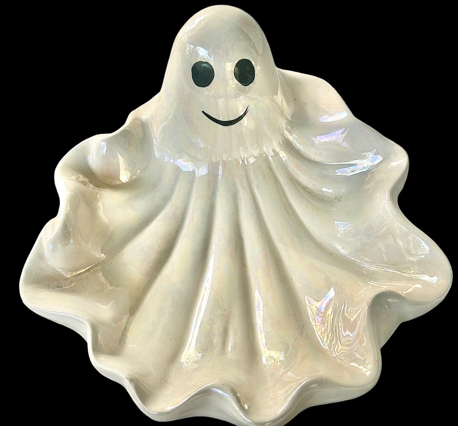 VINTAGE WCL Halloween Iridescent White Ghost Ceramic Candy Treat Dish
