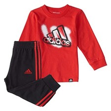 adidas baby boys Long Sleeve Cotton Tee and Joggers Set, Vivid Red, 12 Months US