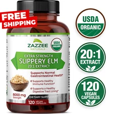 USDA Organic Slippery Elm Bark 20:1 Extract, 8000 mg Strength 120 Vegan Capsules