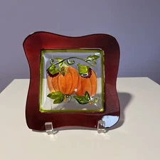 Pumpkin Glass Candy Dish Plate Reverse Painted Wavy Edge 7" Square
