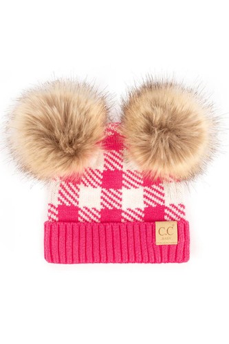 C.C Exclusive Infant Buffalo Check Baby Beanie With Natural Faux Fur Pom Pom - Picture 7 of 8