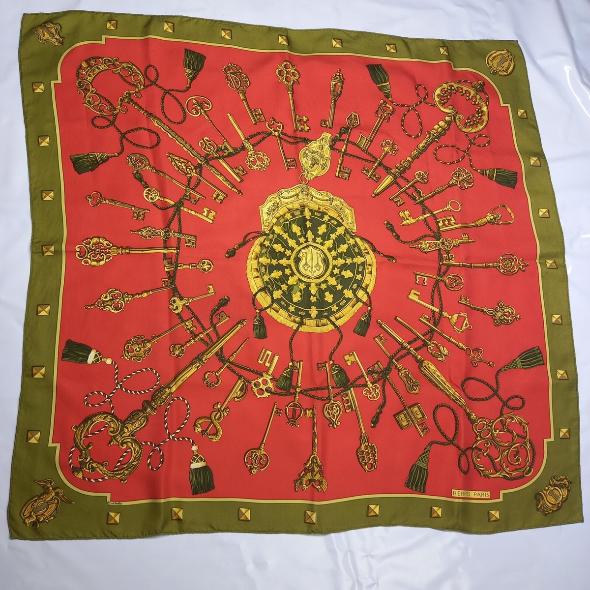 Rare Vintage Hermes Red and Green Scarf Paris The Keys 