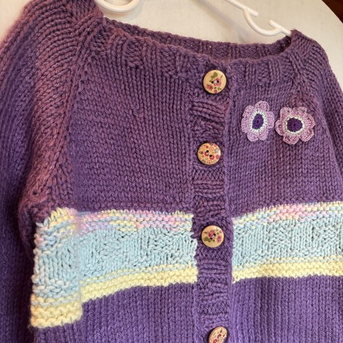 Girls Size 4 / 5 Handmade Knit Sweater Purple Decorative Buttons Embroidery - Picture 2 of 8