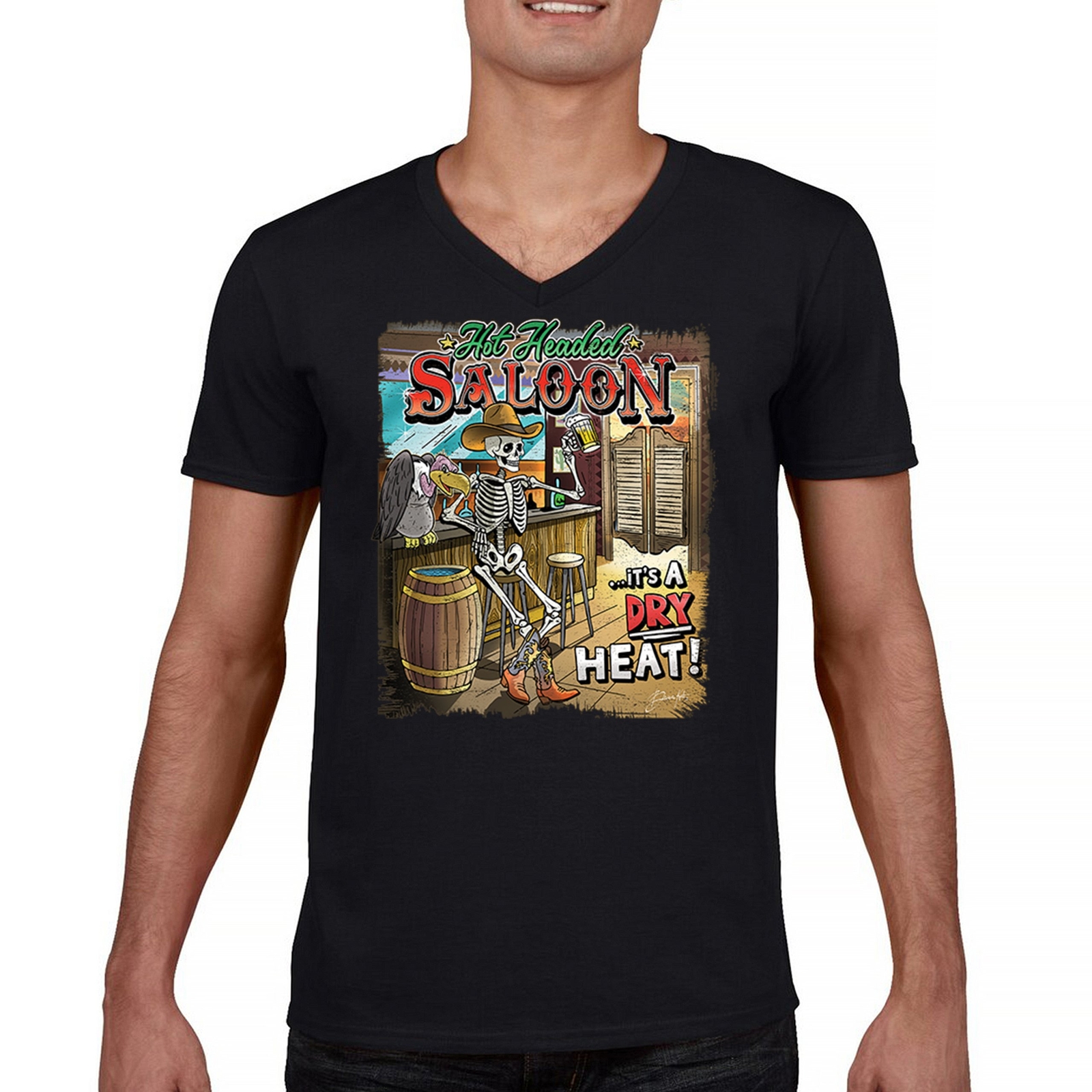 ALTRA T shirt scollo a V berlina Hot Headed Saloon ma its a Dry Heat Skeleton birra teschio