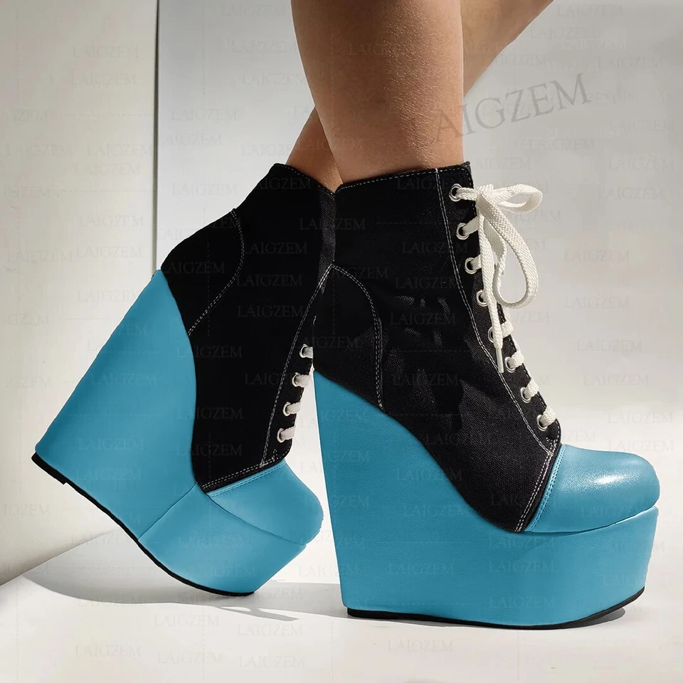 Stivaletti donna plateau zeppe lacci patchwork punta tonda aumento altezza - Immagine 2 di 4