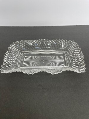 Vintage Indiana Glass Diamond Point Ruffled Clear Glass Rectangle Relish Dish 9''
