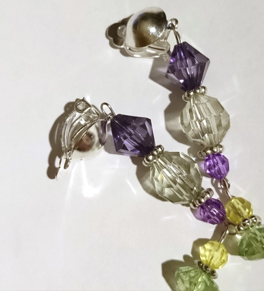 Ohrclips Ohrringe flieder lila grün Acryl - Perlen u - Kristalle Anklipsen 7,5cm - Bild 4 von 4