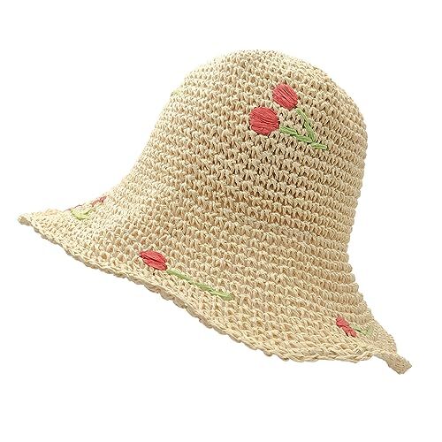 Floral Straw Sun Hat, Packable Wide Brim Summer Beach Hat One Size Beige