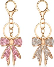 2 Pcs Cute Bow Keychain for Women, Sparkly Pink Rhinestone Bag Charm...