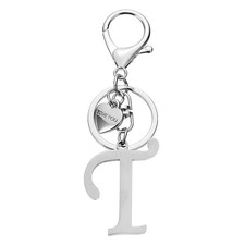 Initial Letter t Keychain Stainless Steel Heart Alphabet Key Ring Silver