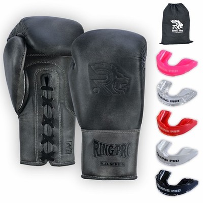 Ring Pro Lace Up Leather Boxing Gloves 10-16oz + Mouth Guard MMA Set