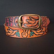 70s Style Hand Tooled Painted Leather Peace Belt 36 Woodstock Hippie Dove Boho