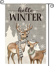 Hello Winter Reindeer Snowflake Garden Flag 12X18 Inch Double Sided, Winter Rust