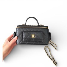 CHANEL 24K Vanity Case Gold Chain Black Quilted Caviar Top Handle Bag w/ Receipt
