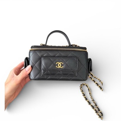 CHANEL 24K Vanity Case Gold Chain Black Quilted Caviar Top Handle Bag w/ Receipt