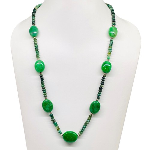 23' Natural Emerald Designer Necklace Cabochon Beads 925 Silver Clasp - Picture 1 of 11