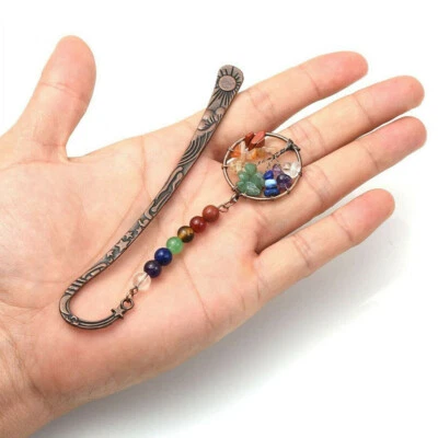 Vintage Bronze Metal Bookmark with 7 Chakra Healing Crystal Gemstone Beads