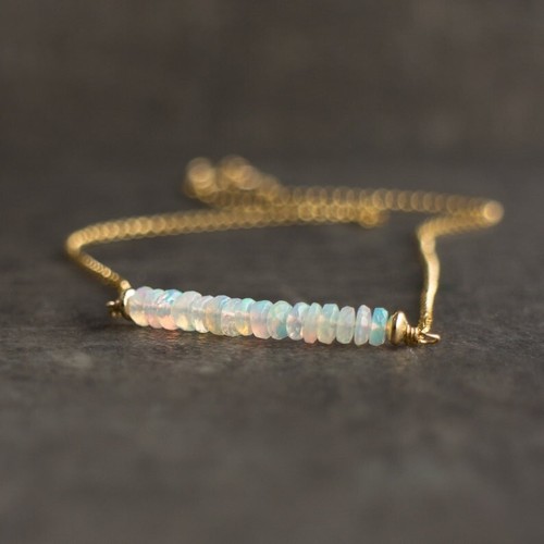 Natural Fire Ethiopian Opal Rondelle Beads Curb Link Gold Chain 18" Bar Necklace - Picture 3 of 9